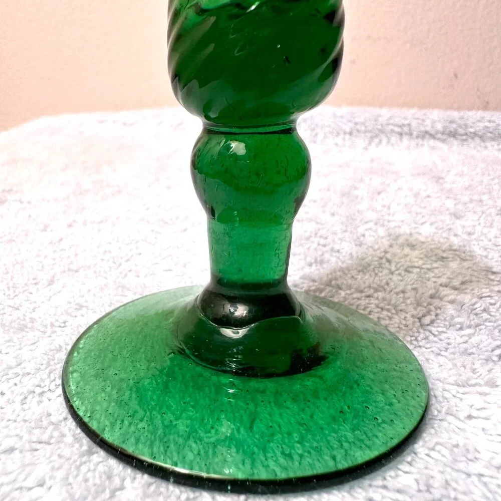 Vintage  green colored hand blown swirled glass flower bud vase